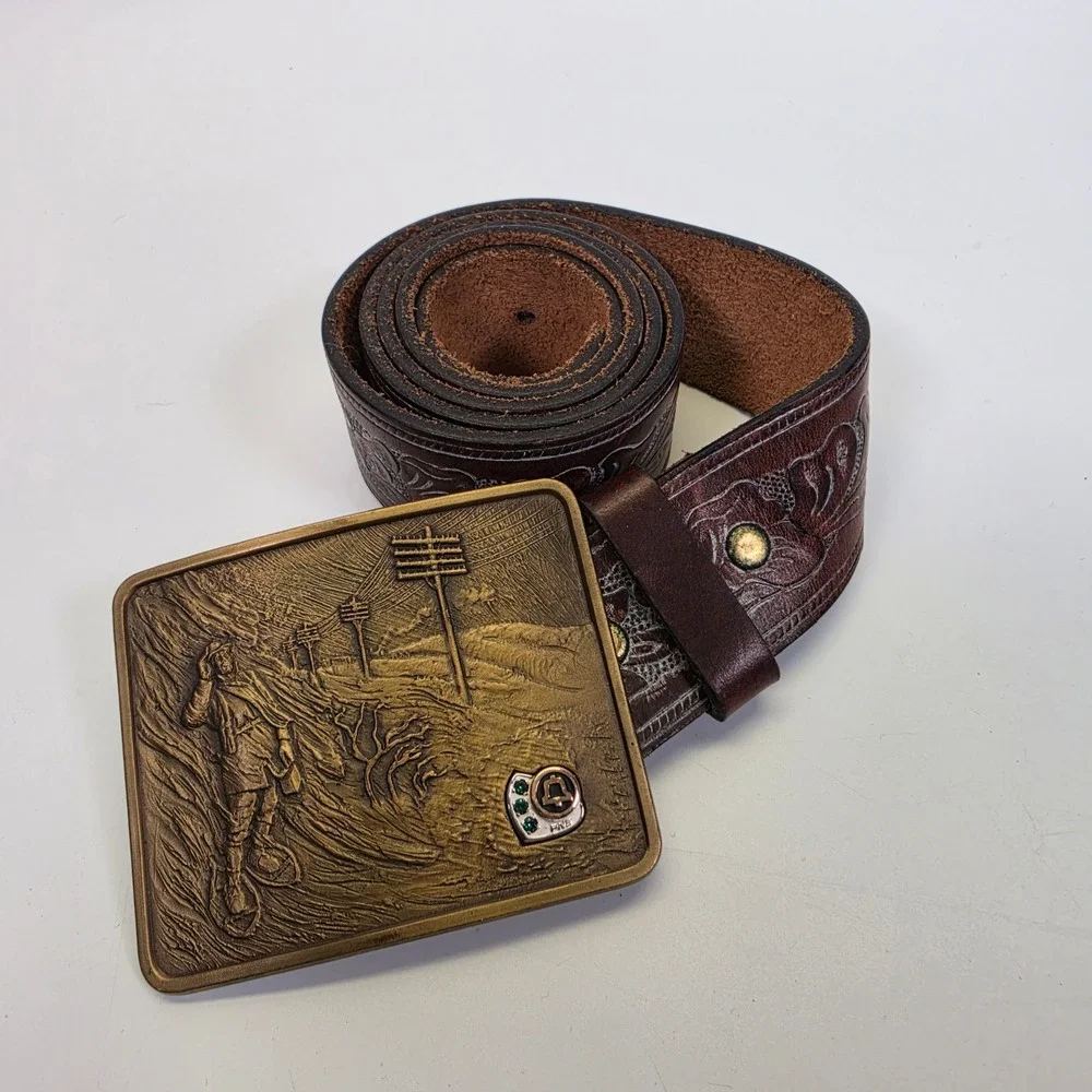 Vintage 1970s PNB Pacific Northwest Bell Belt Buckle Leather Belt O.C. Tanner
